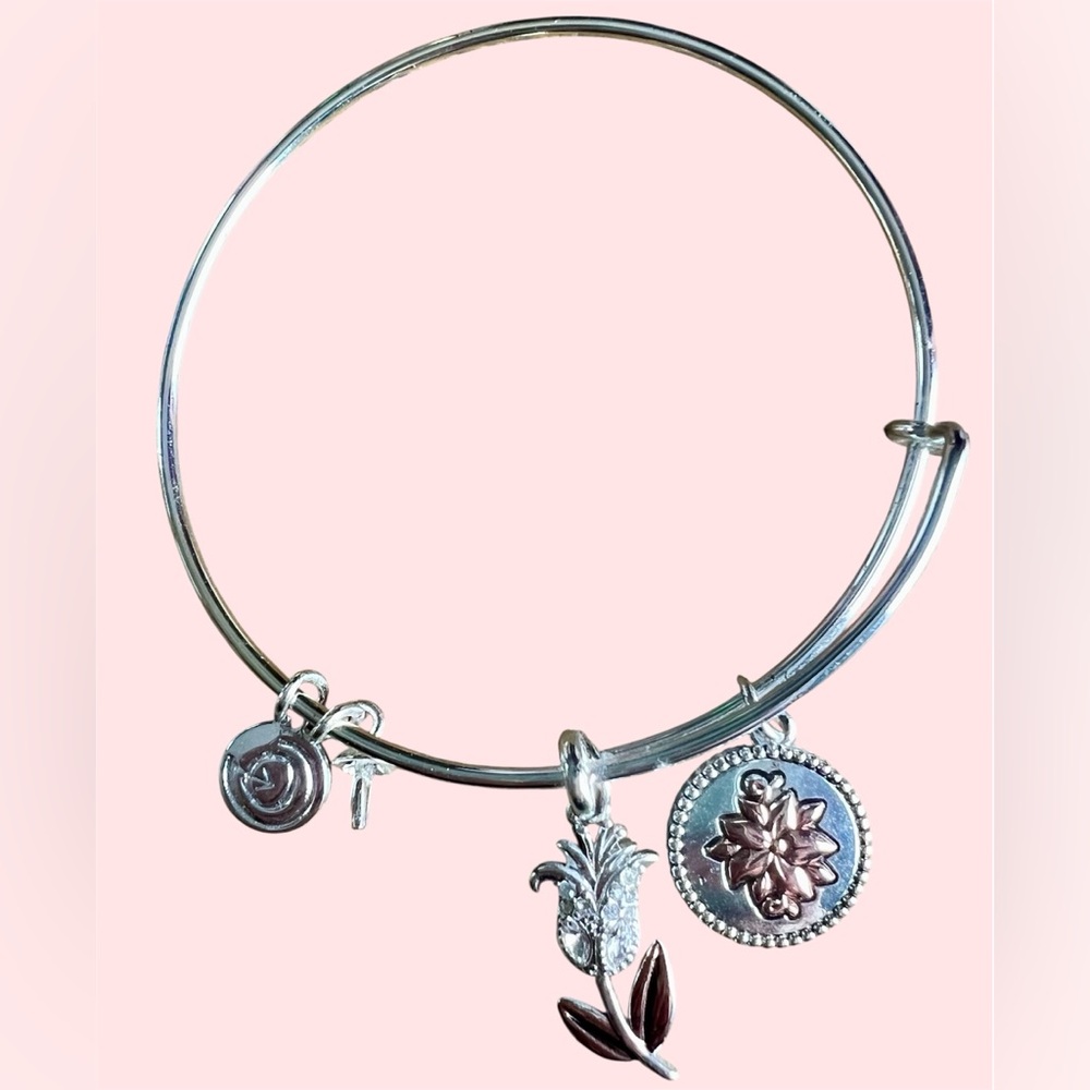 Silver Adjustable Charm Bracelet with Floral Accents Similar to Alex & Ani